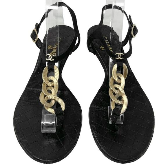 Chanel 09P Quilted Leather Gold Chain Thong Sandals Black Flat EU 38 - Picture 1 of 10